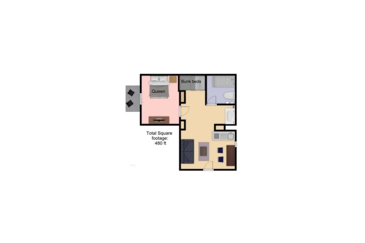 This image displays the core living and sleeping spaces in one shot: a queen bed, a set of bunk beds, a welcoming living area, kitchenette, and even a glimpse of the bathroom. The natural light filtering through the windows creates a bright and inviting atmosphere, perfectly matching the description of a sunny, top-floor retreat ideal for families and couples.